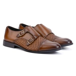Men's Brown Leather Double Monk Strap Dress Shoes